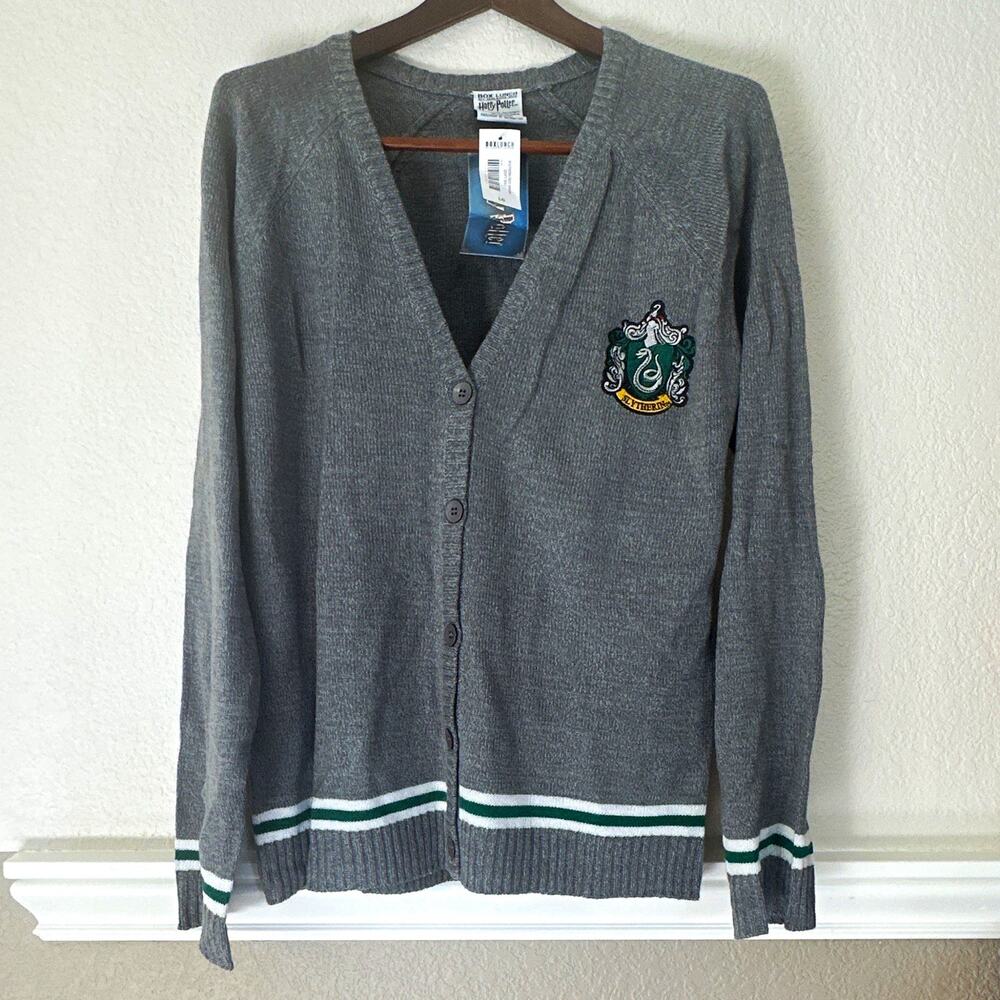 BoxLunch Men's L Gray Harry Potter Slytherin Collegiate Cardigan Sweater NWT